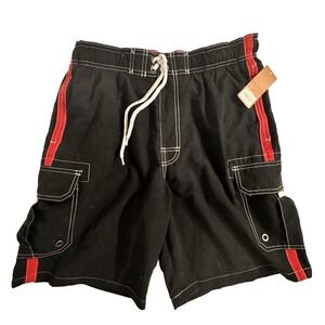 NWT Sonoma Swim Trunks Men's Large 9" Board Shorts Pockets Quick Dry Black/Red